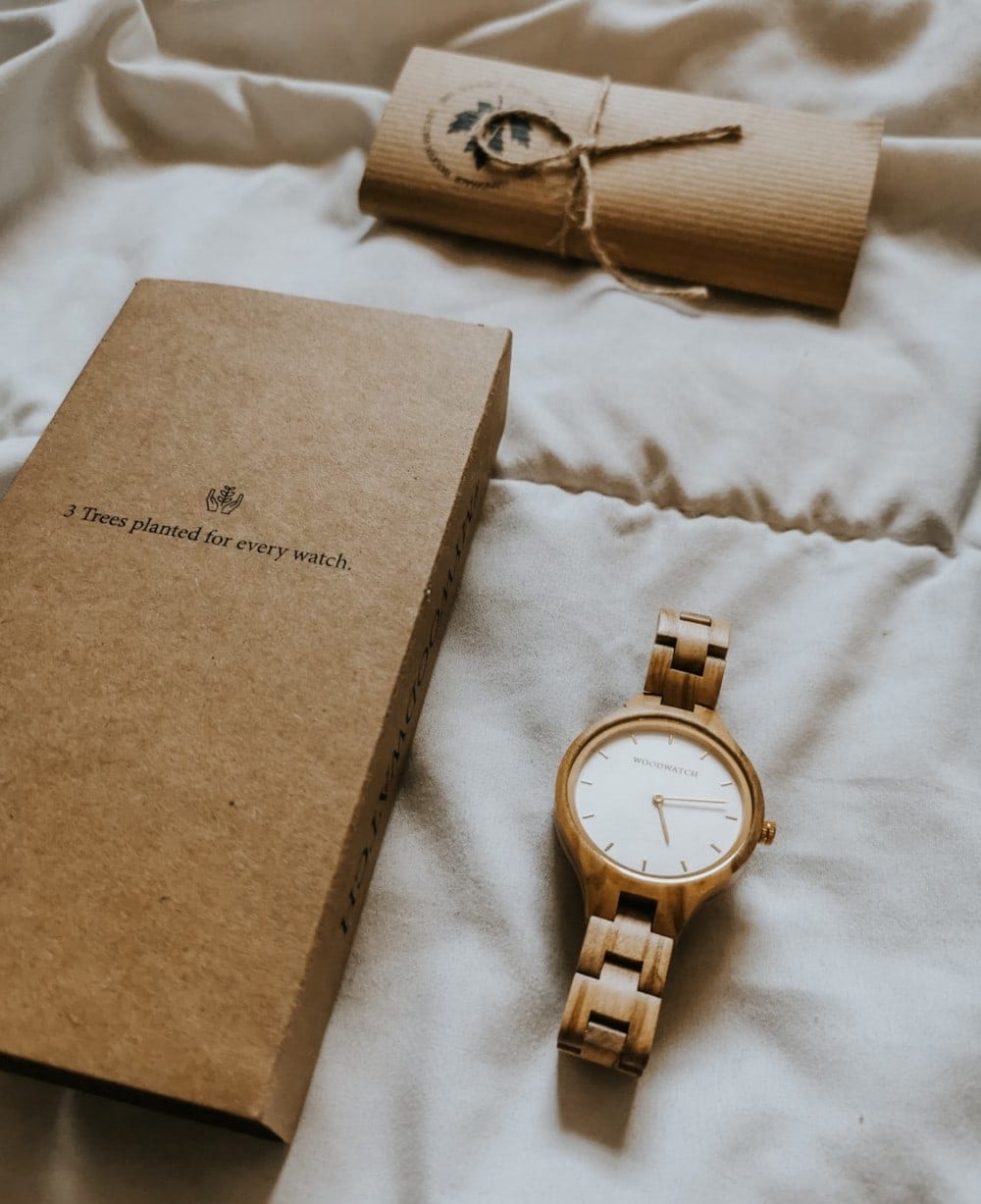 WoodWatch with zero-waste packaging with 3 trees planted for every watch written