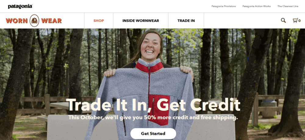 Patagonia Worn Wear website homepage with text "Trade it in, get credit."