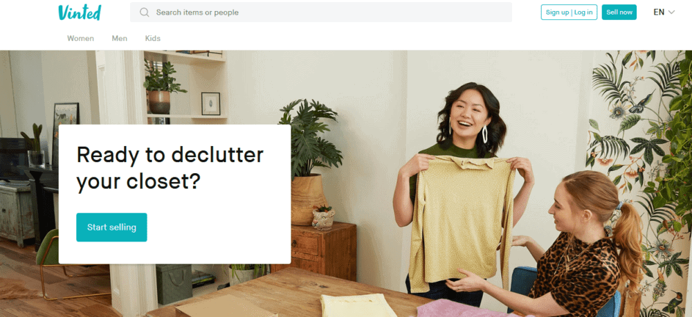 Vinted website homepage with text "Ready to declutter your closet?"