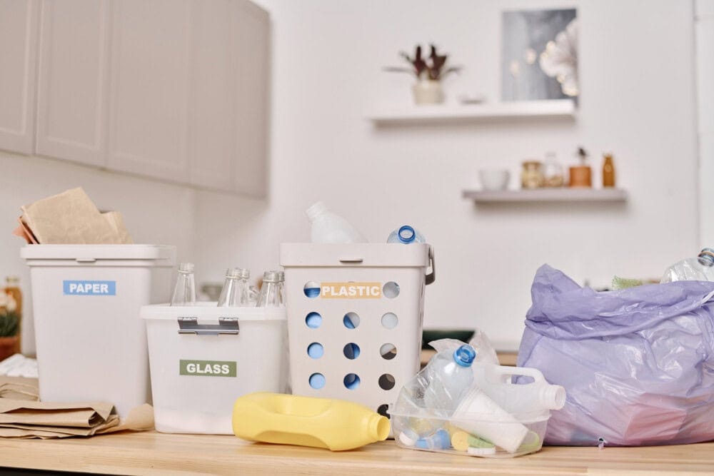 different recycling bins filled with plastic, glass, paper