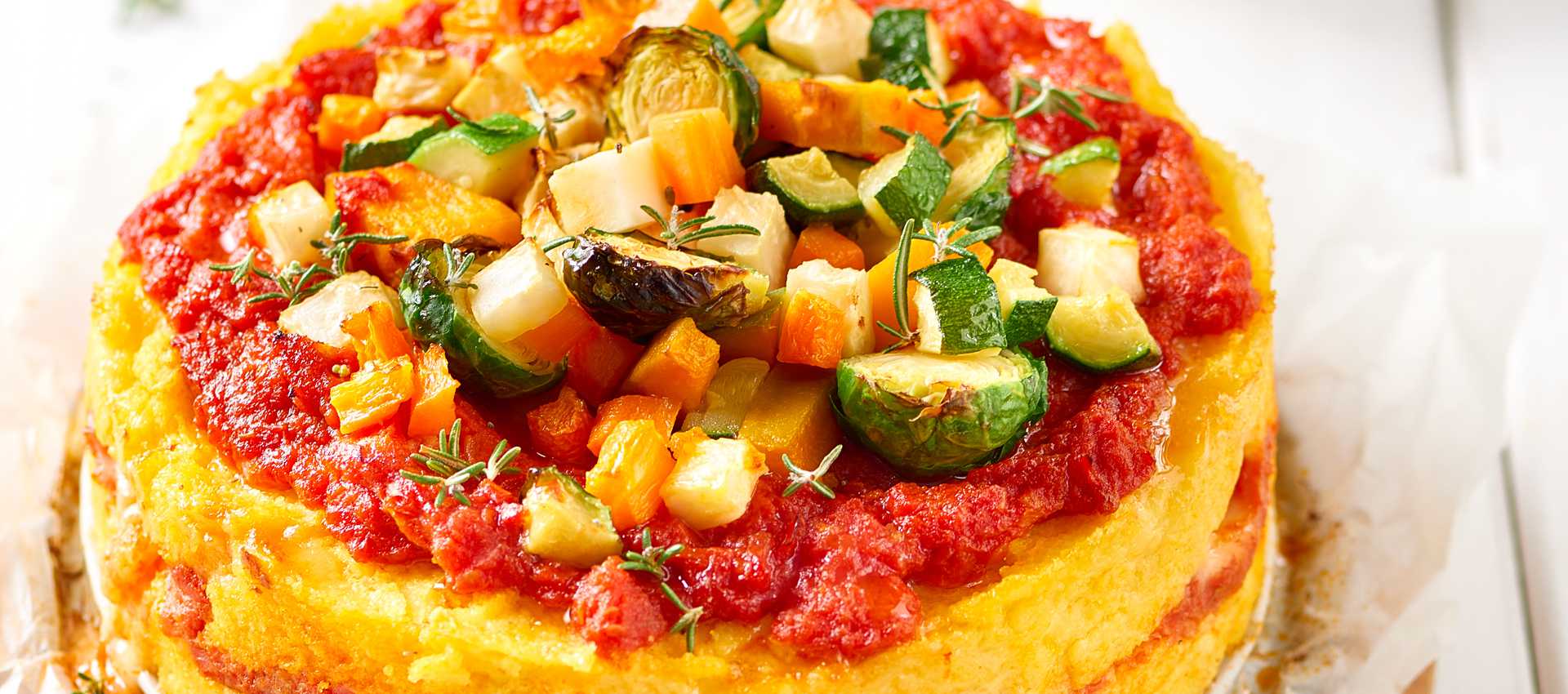 Polentagratin med grøntsagssauce og tomat