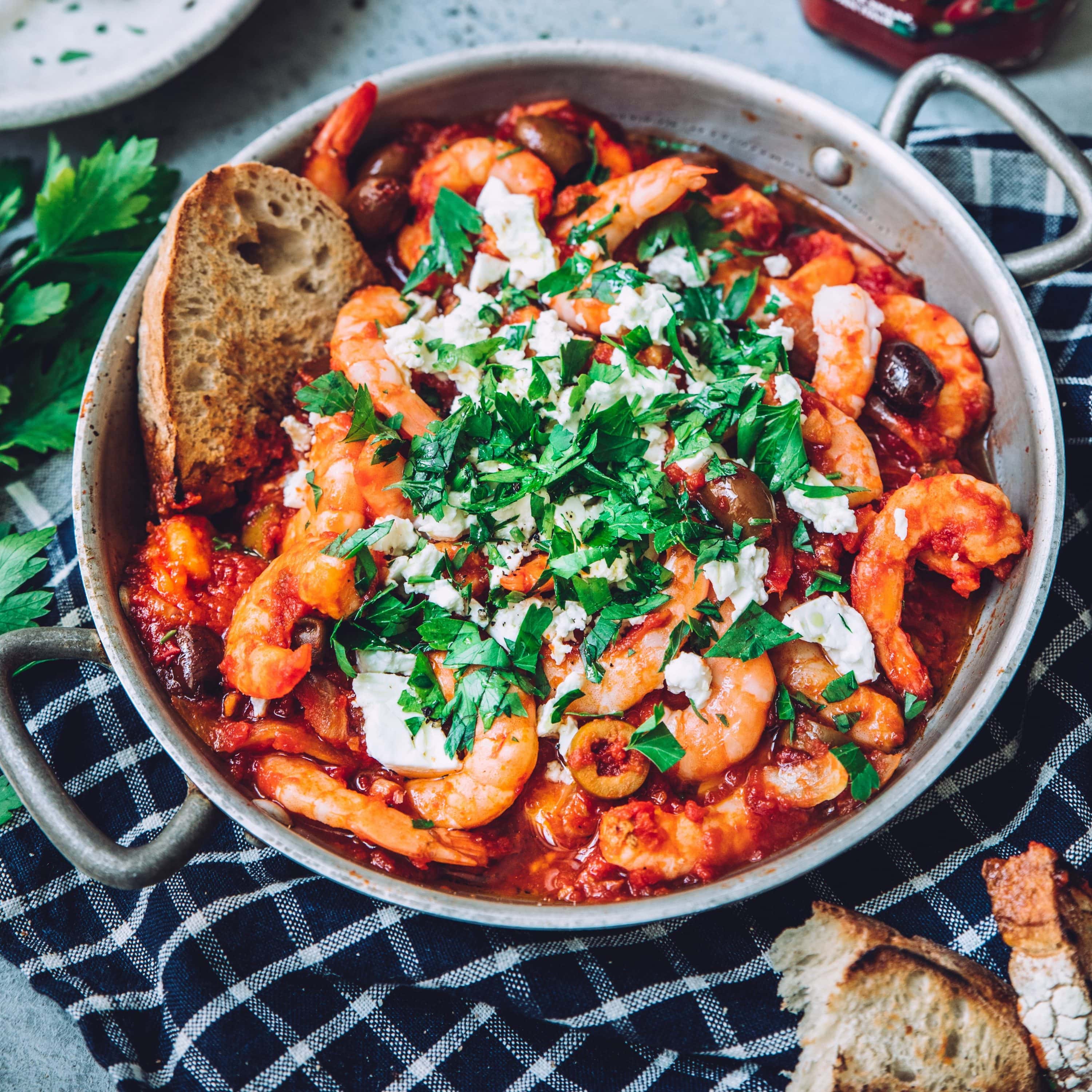 Greske reker med tomatsaus med oliven