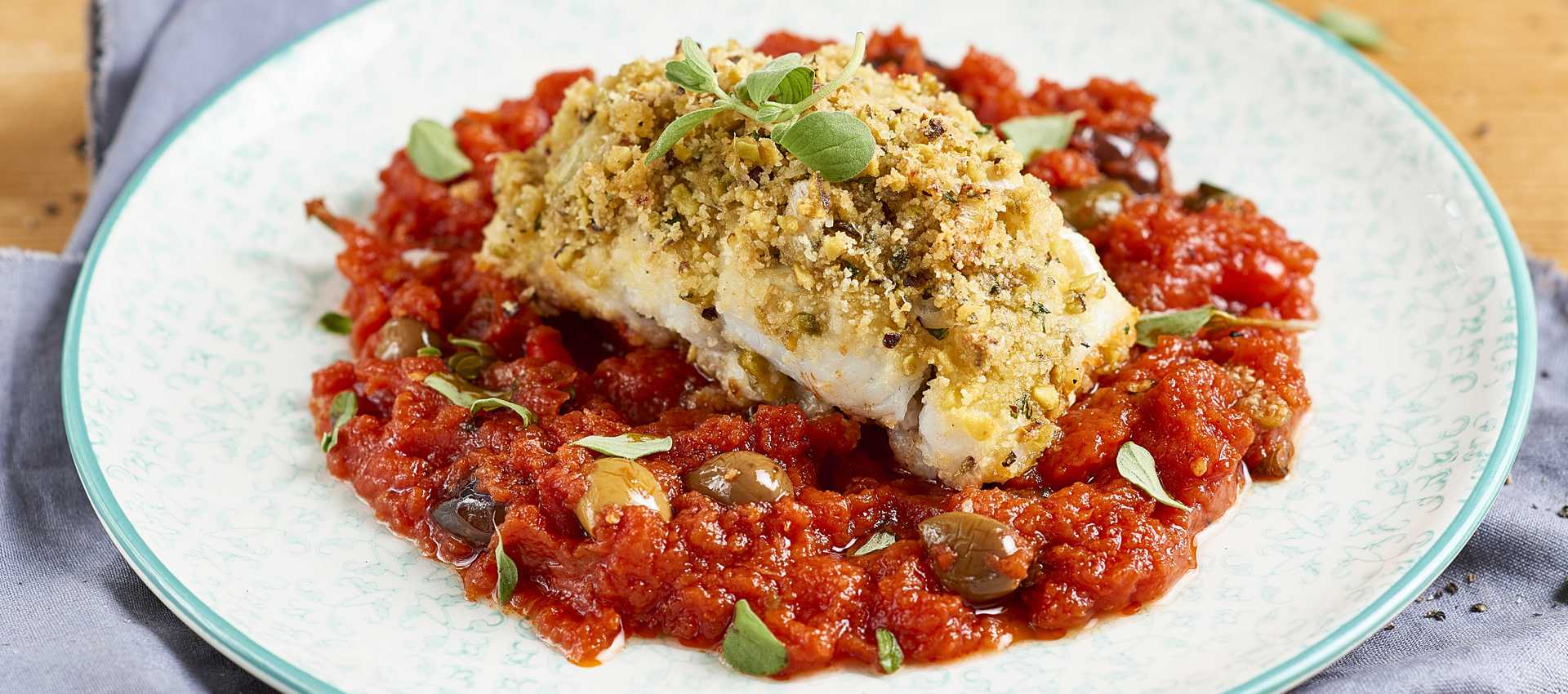 Schollenrolle mit pistazien auf tomatensosse