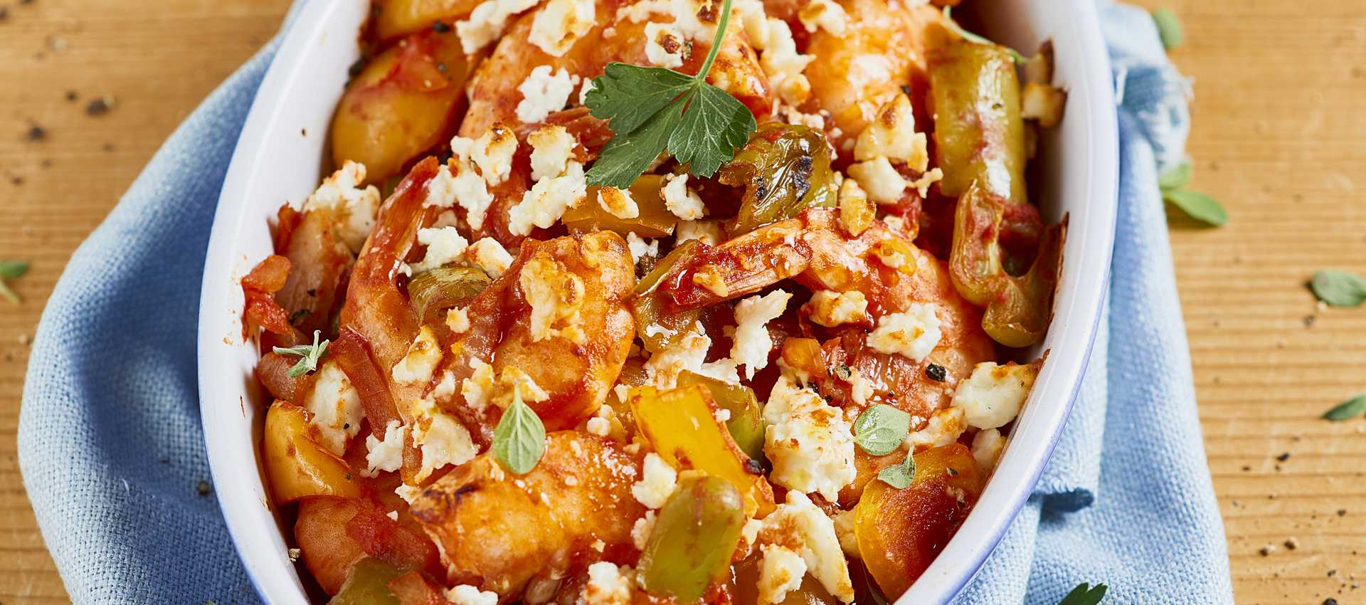 Crevetten mit paprikaschoten und feta-käse