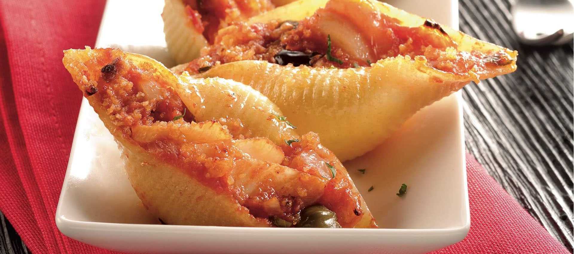 Conchiglioni gratines au « baccala » tomates & olives