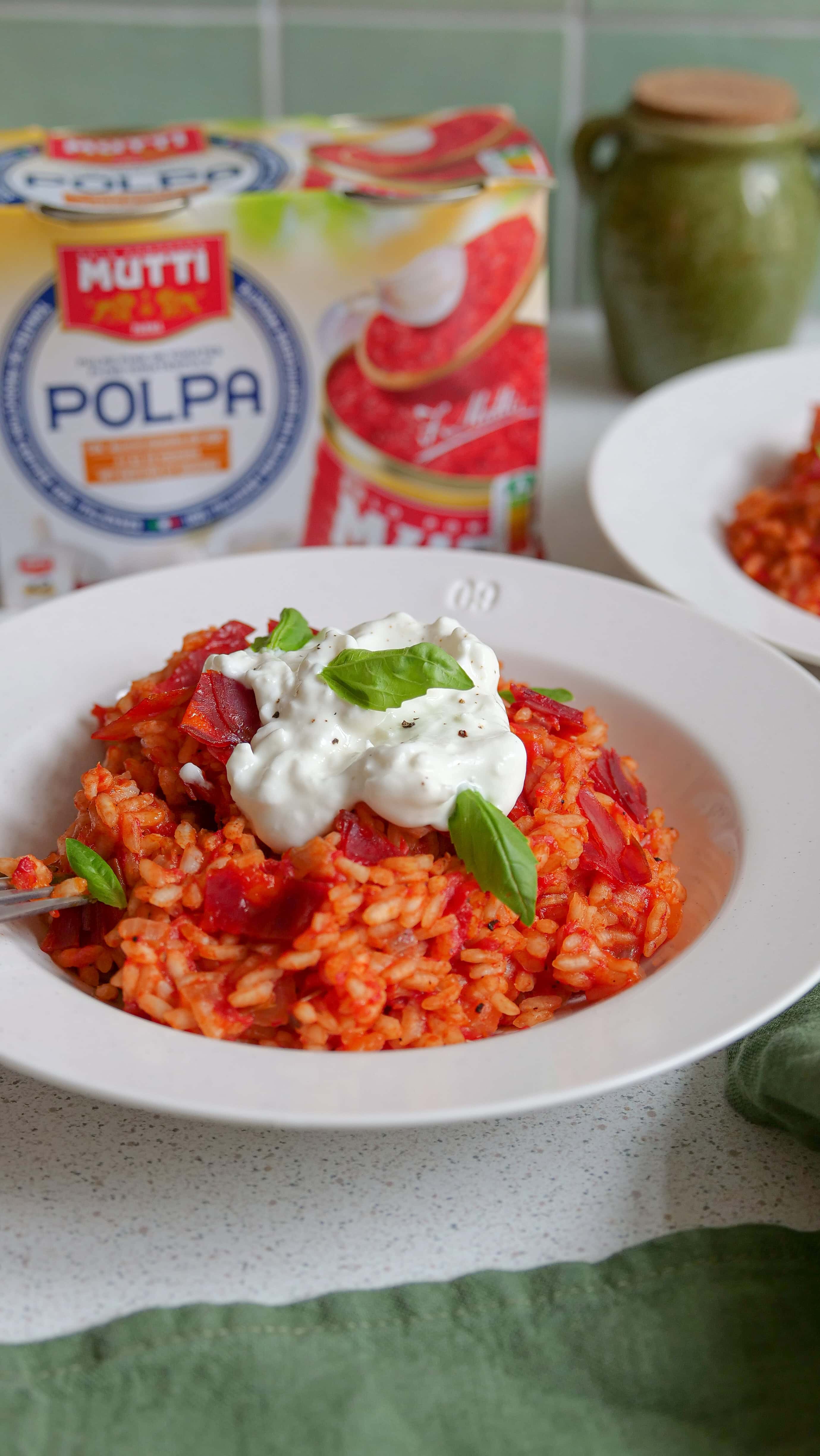 Risotto tomates chorizo burrata