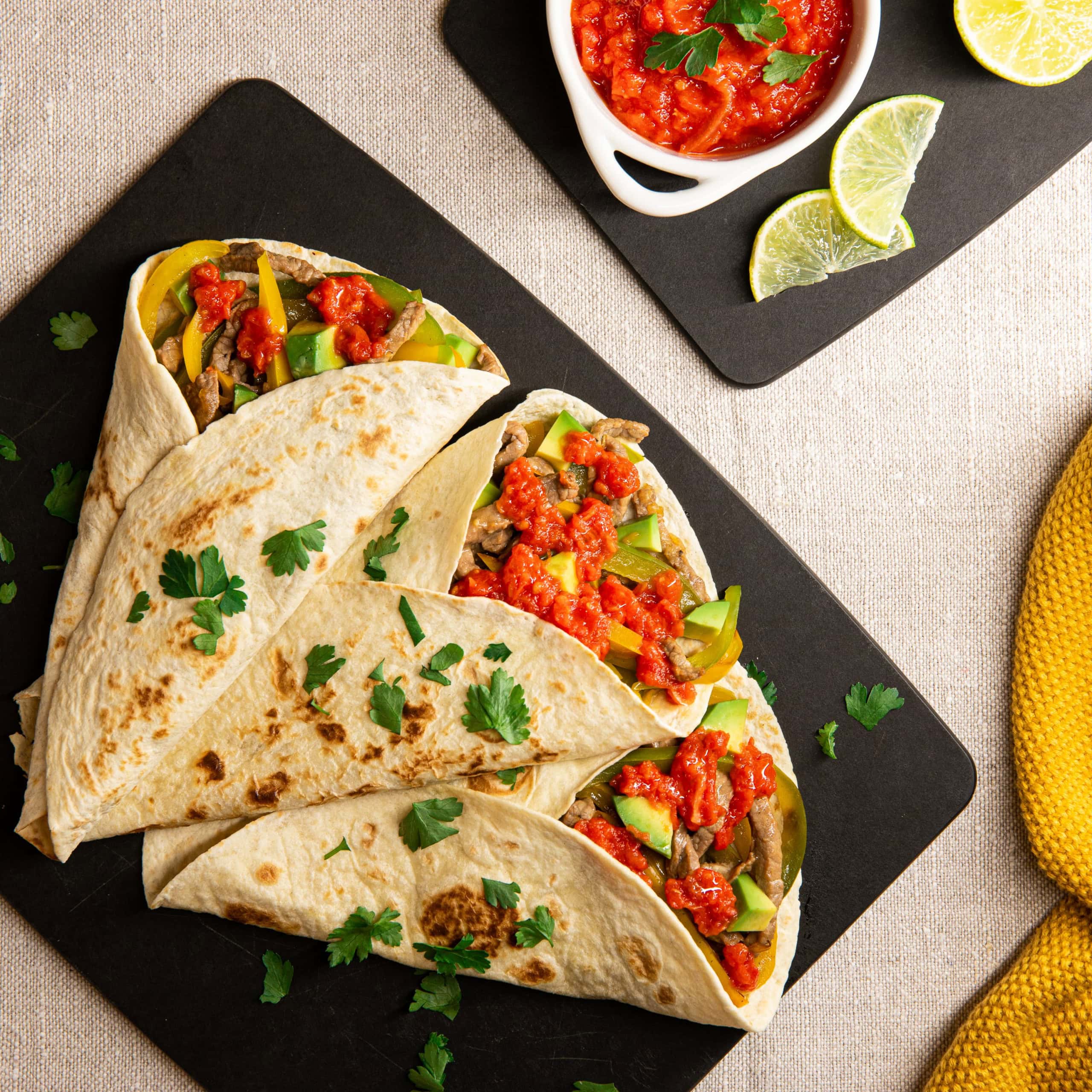 FAJITAS WITH BEEF, AVOCADO, POMODORO and LIME