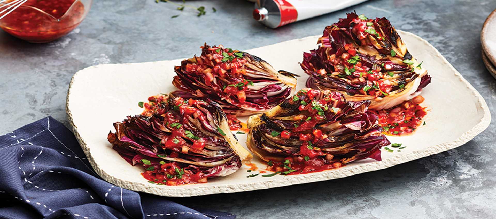 Grilled radicchio with tomato balsamic vinaigrette