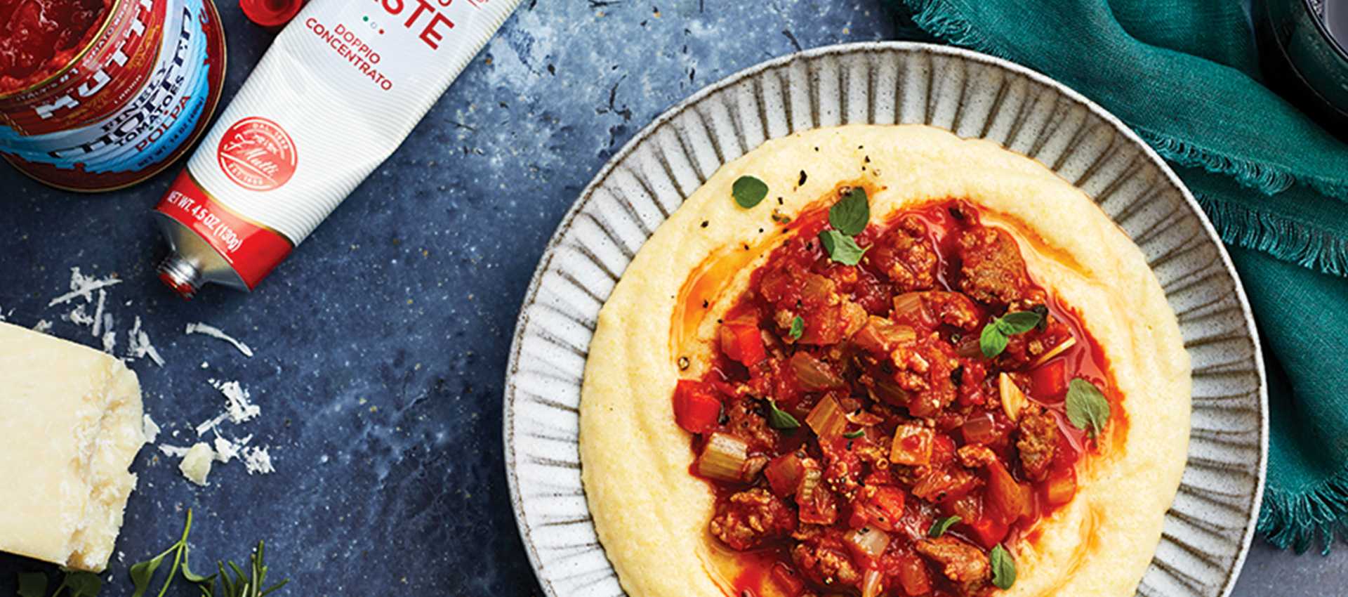 Spicy polenta with sausage ragu