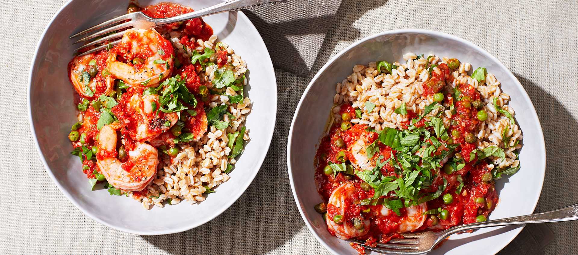Tomato shrimp recipe with peas, herbs and farro