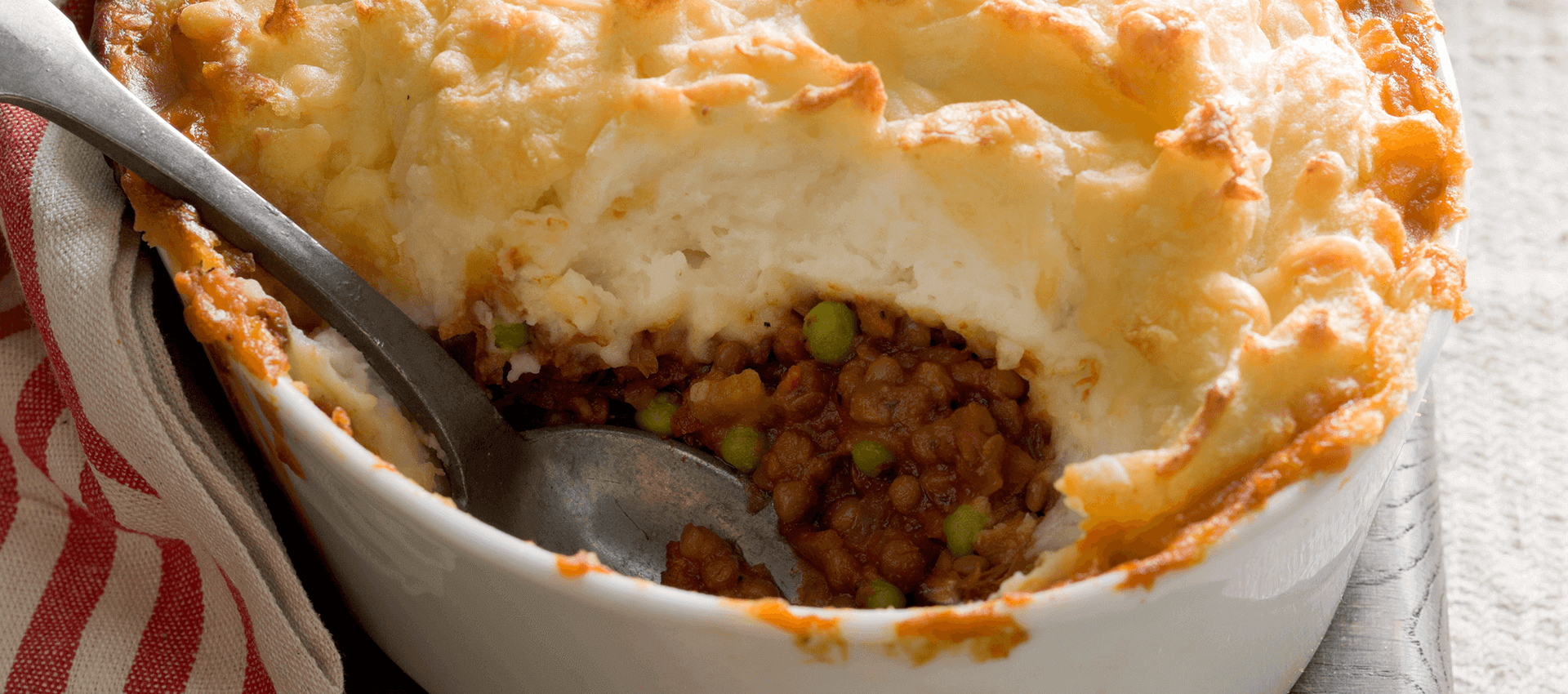 Lentil cottage pie made with sieved tomatoes