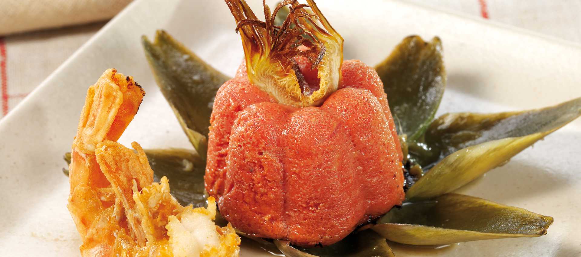 Tomato flan with artichoke and shrimp