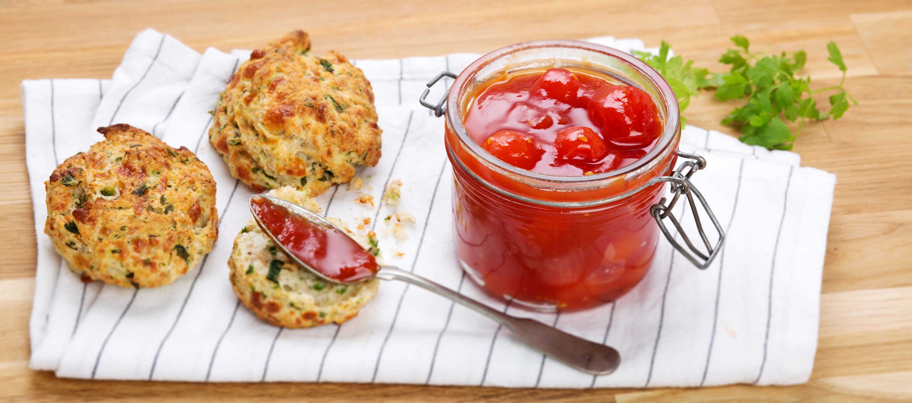 Cherry tomato jam with herb scones