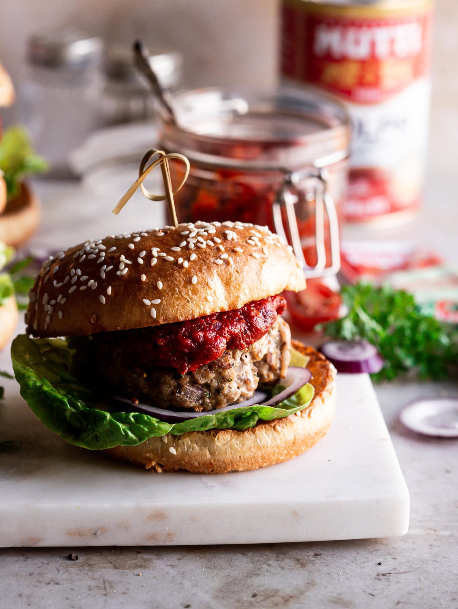 Spicy tomato jam sage turkey burgers