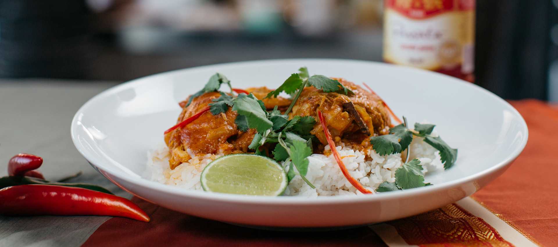 Chicken and coconut curry with steamed rice