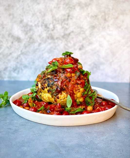 Whole roast cauliflower cacciatore with tomato paste