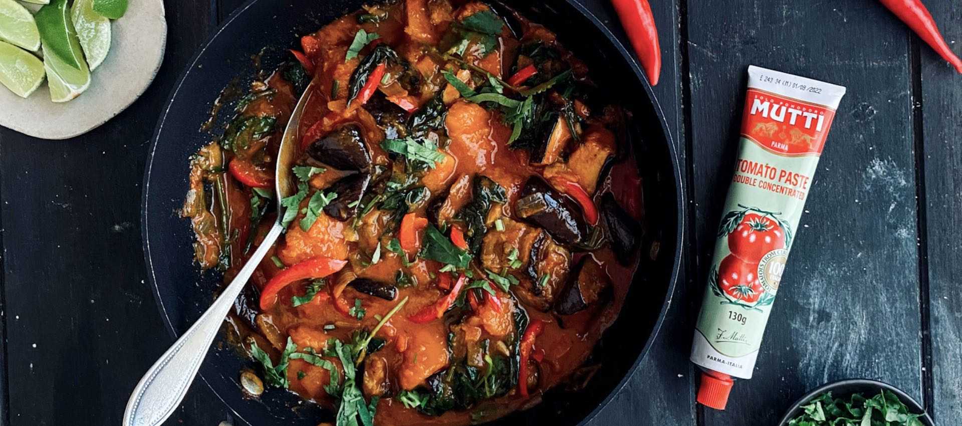 Pumpkin and eggplant red curry with tomato paste