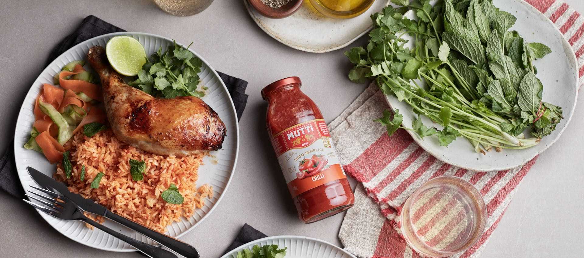 Vietnamese tomato rice with chicken and pickles