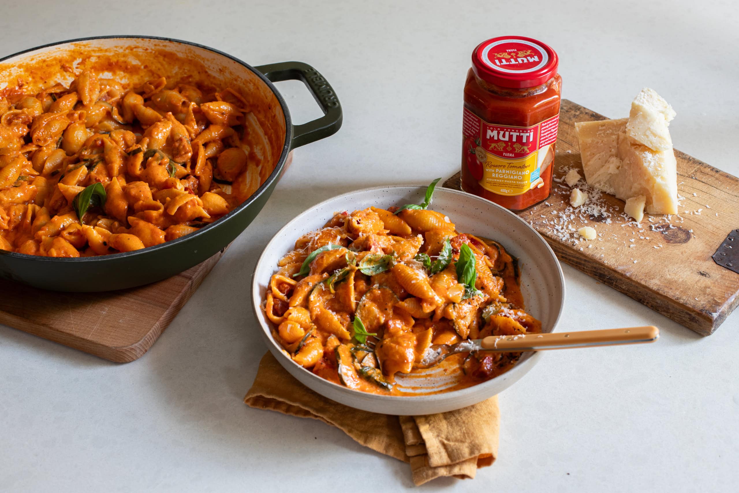 One pot creamy Mutti tomato, chorizo and zucchini pasta