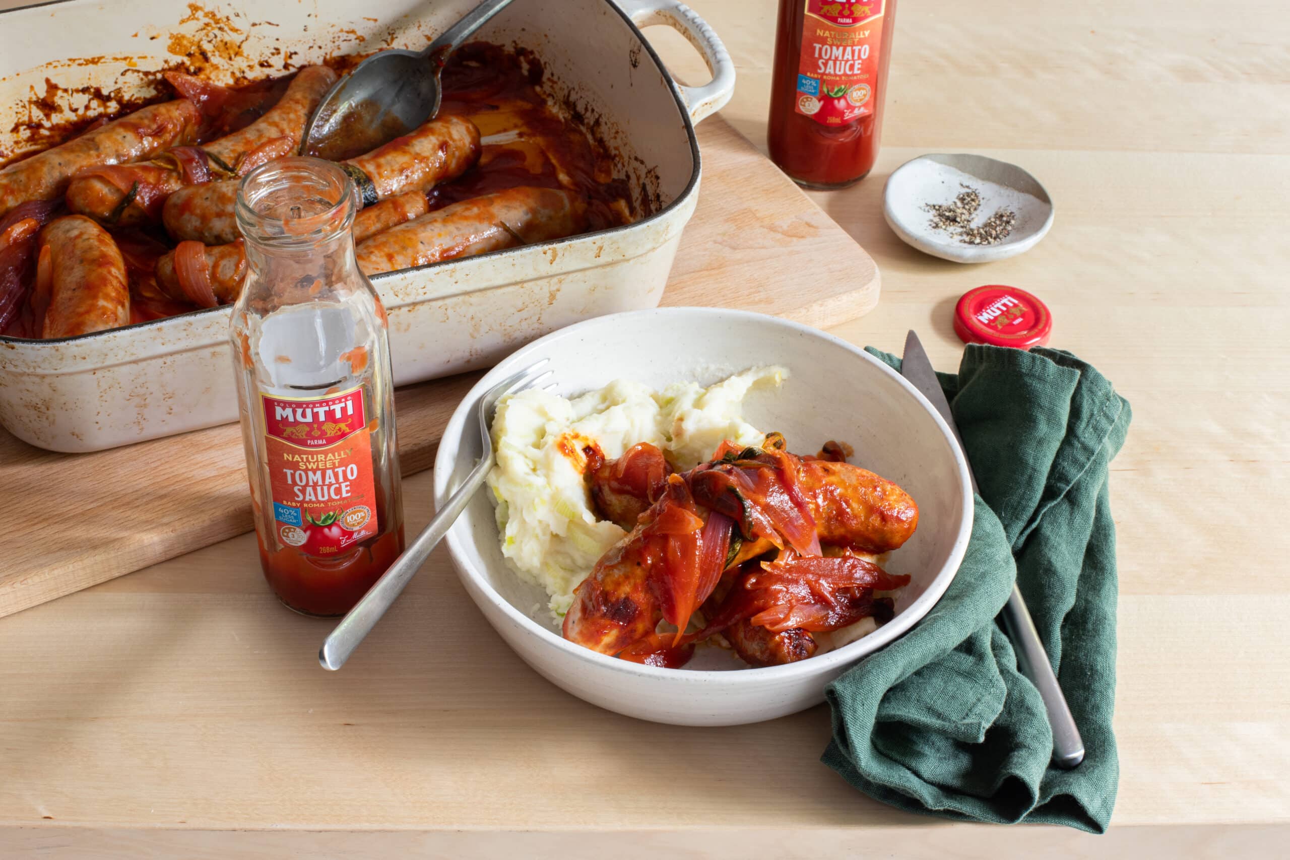 Glazed Mutti Tomato Sauce sausages with leek mash potato
