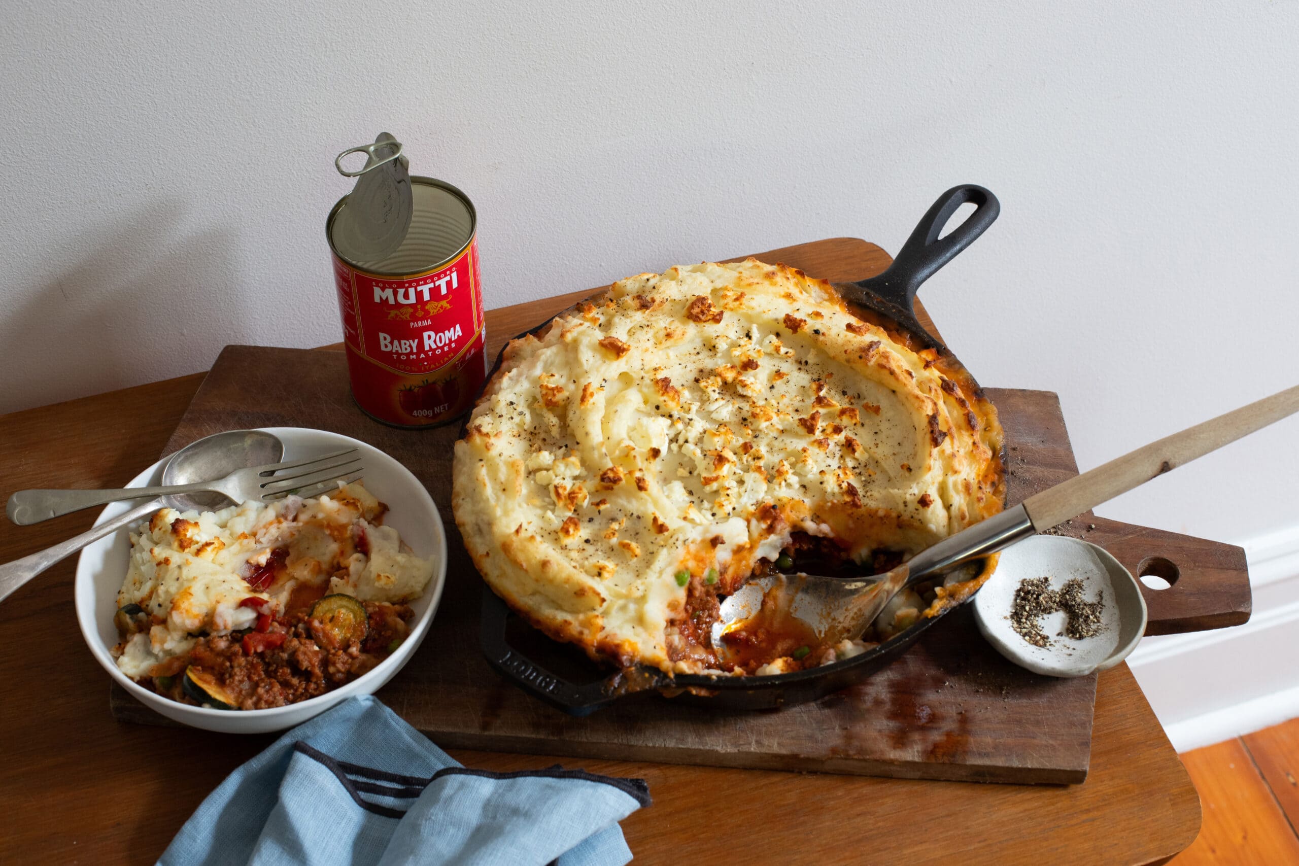 Greek lamb shepherd’s pie with mutti tomatoes and feta mash