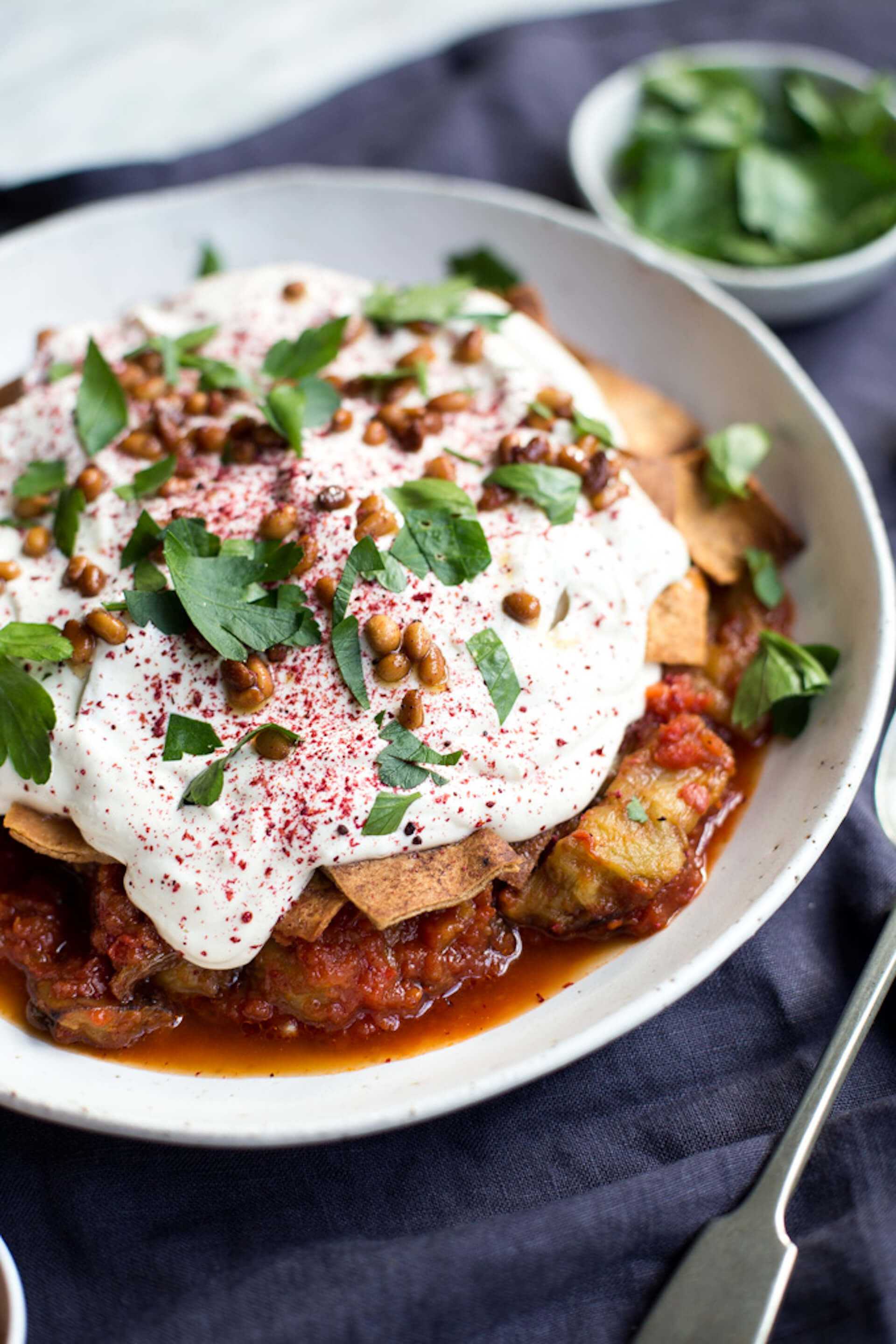 Eggplant Fatteh made with Crushed Tomatoes