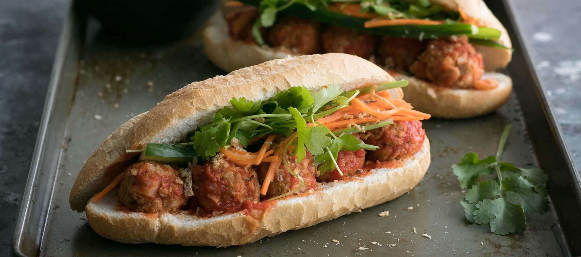 Vietnamese Meatball Banh Mi with Tomatoes