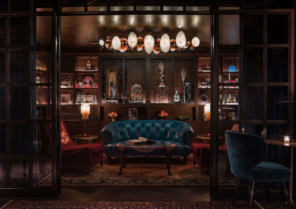 Truman Chesterfield Loveseat in the Deep Dive Bar at the Amazon Sphere's