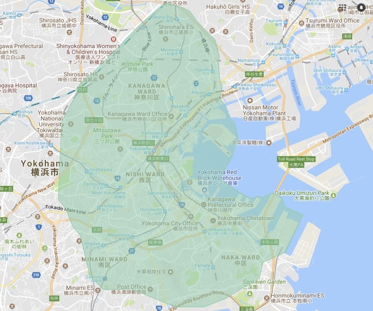 UberEATSの横浜周辺対象エリアマップ