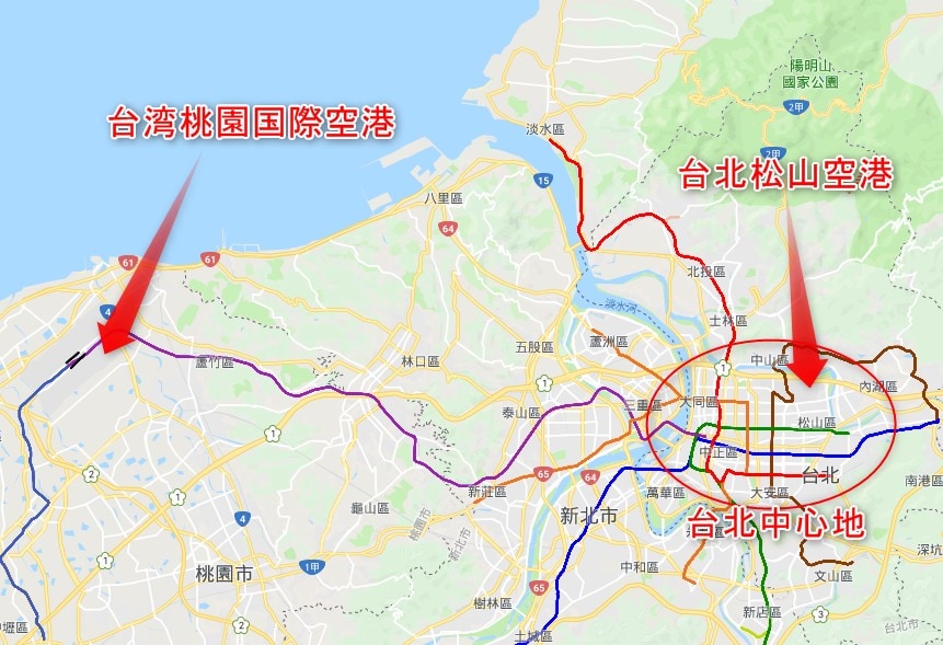 台湾桃園国際空港と台北松山空港の位置関係マップ