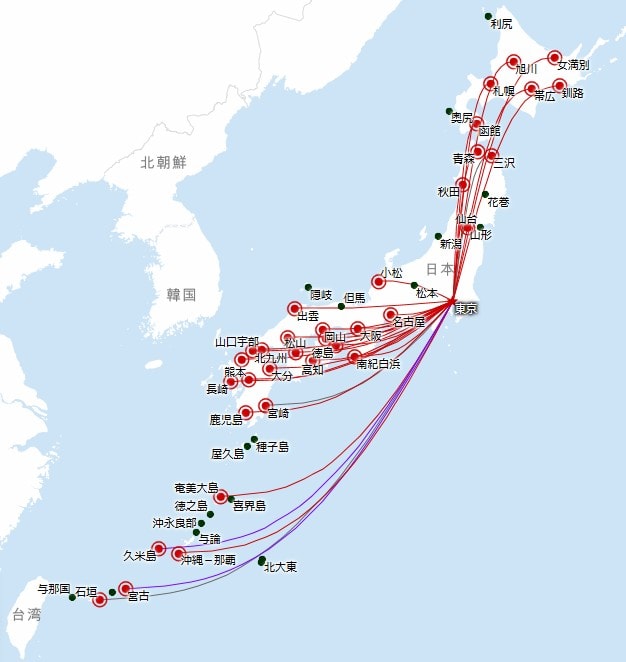 JALどこかにマイルの東京発行き先一覧