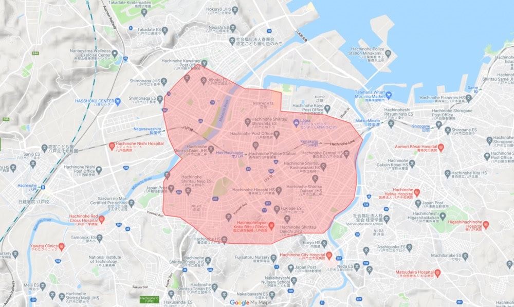 青森県八戸市のUber Eats配達エリア