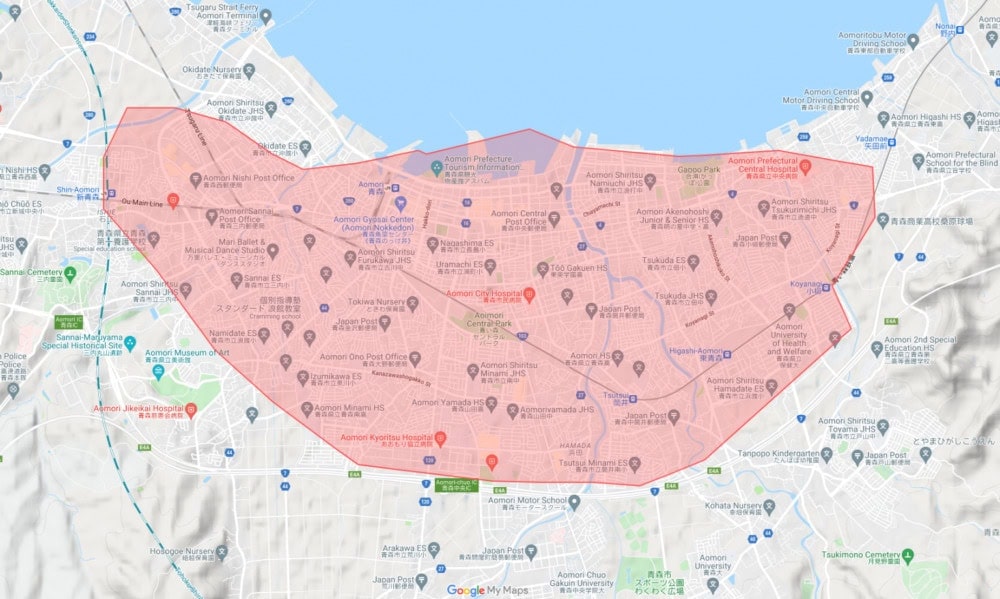青森県青森市のUber Eats配達エリア