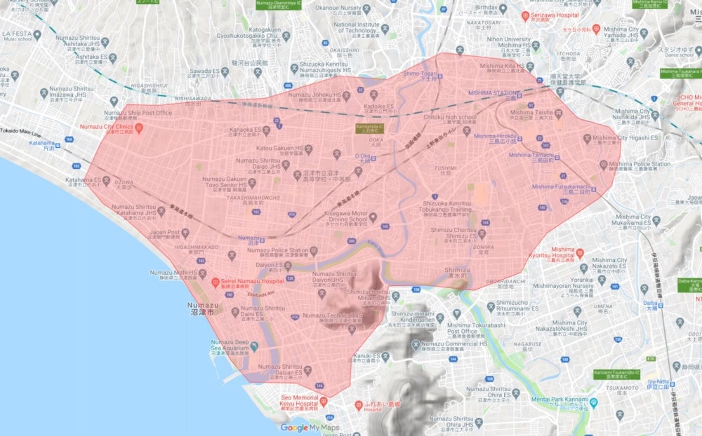 静岡県沼津市のUber Eats配達エリア