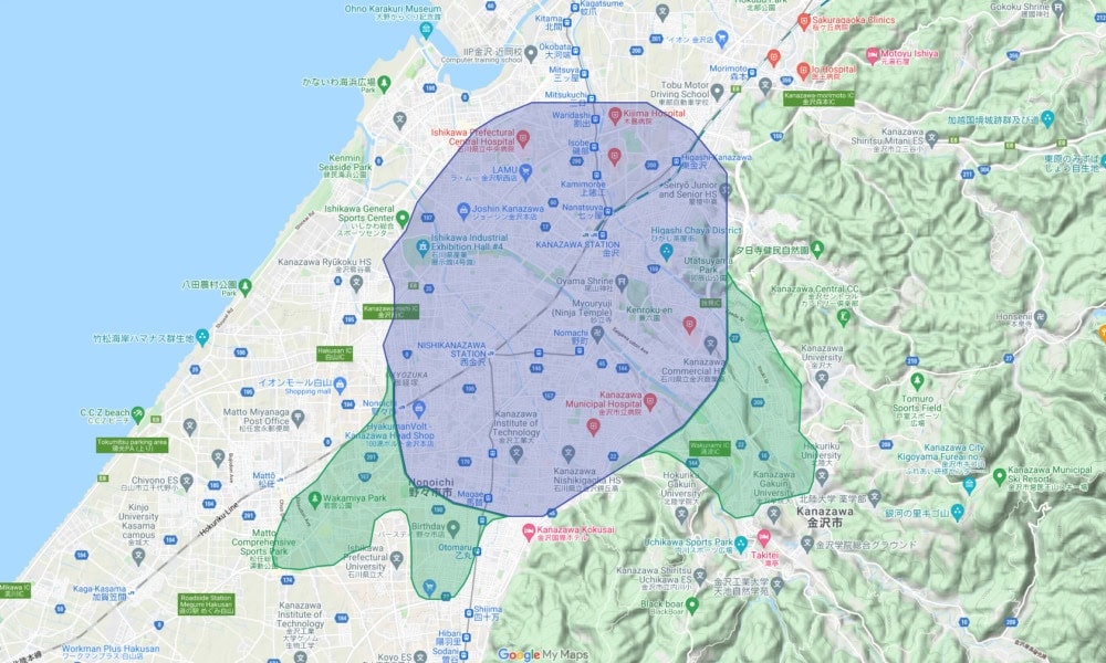 石川県金沢市、野々市市、白山市の一部地域