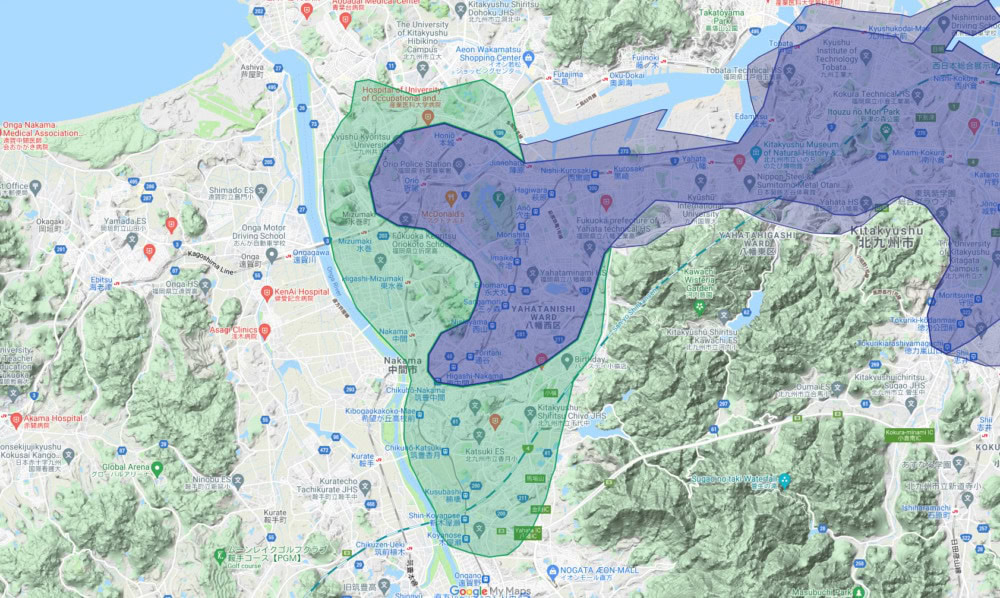 福岡県北九州市八幡西区、中間市、水巻町、北九州市若松区の一部地域