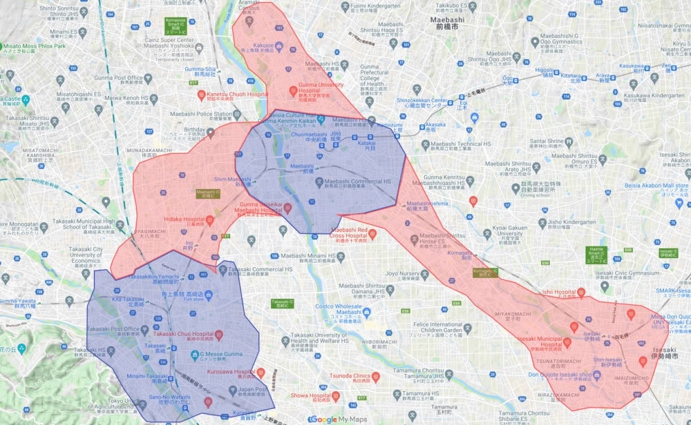 群馬県伊勢崎市、前橋市、高崎市の一部地域