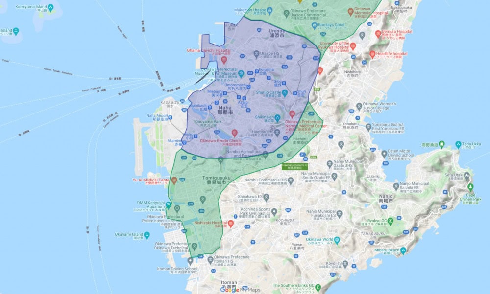 沖縄県那覇市、豊見城市、南風原町、糸満市の一部地域