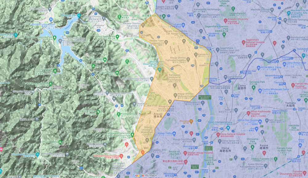 神奈川県厚木市、相模原市緑区、愛川町の一部地域 のUber Eats配達エリア