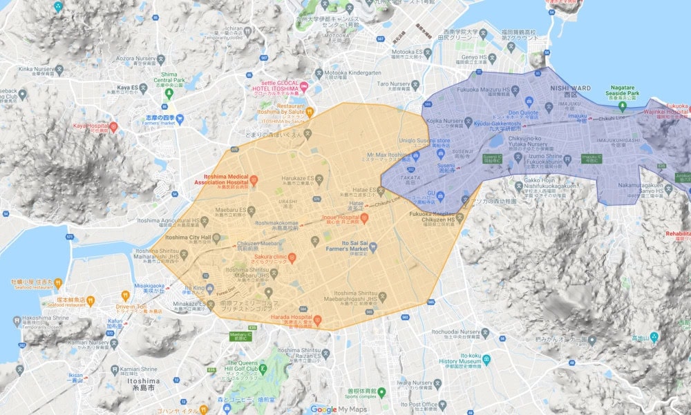 福岡県筑紫野市、筑前町、小郡市、糸島市、福岡市西区の一部地域 のUbereats配達エリア2