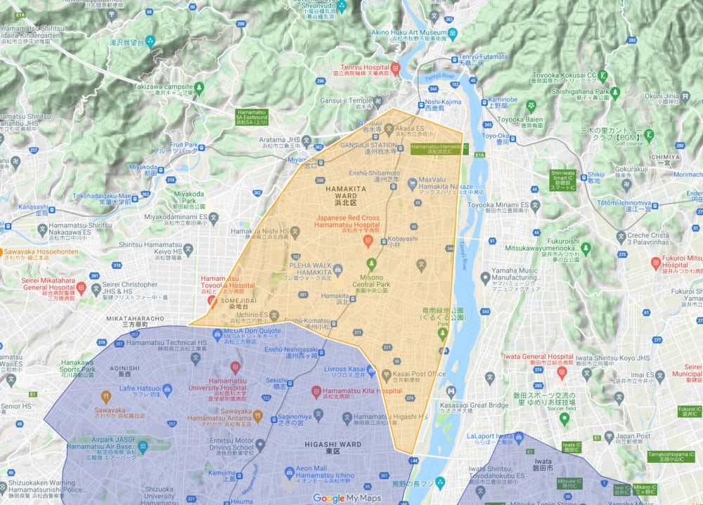 静岡県浜松市浜北区、東区、北区、天竜区の一部地域のUber Eats配達エリア