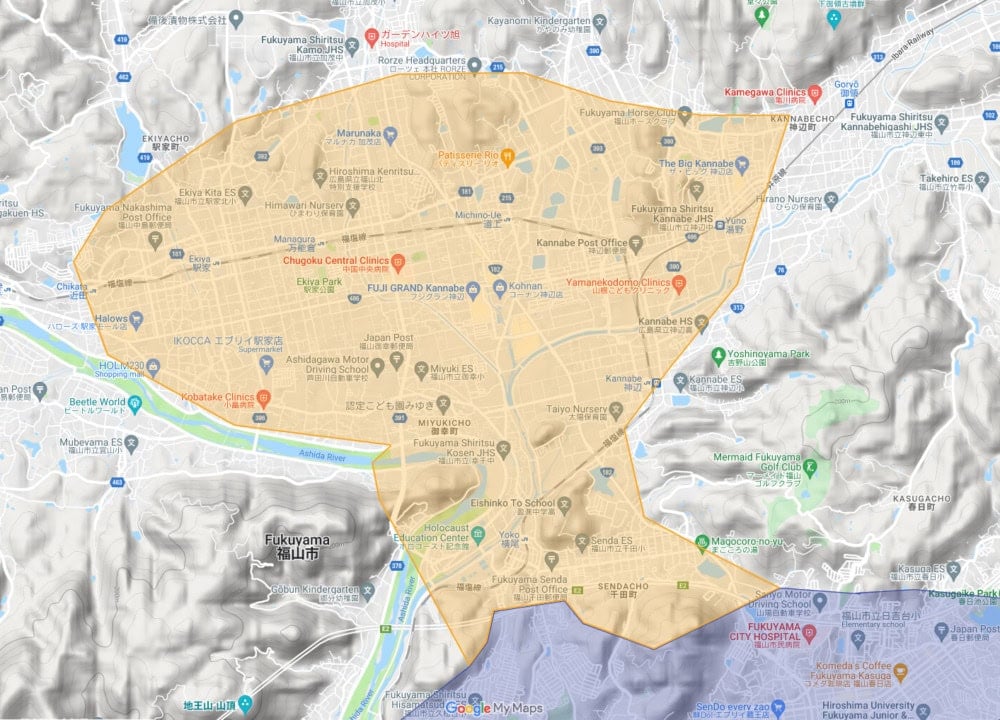 広島県福山市の一部地域のUber Eats配達エリア