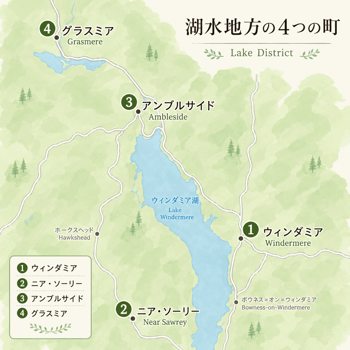 湖水地方で訪れた四つの町の地図