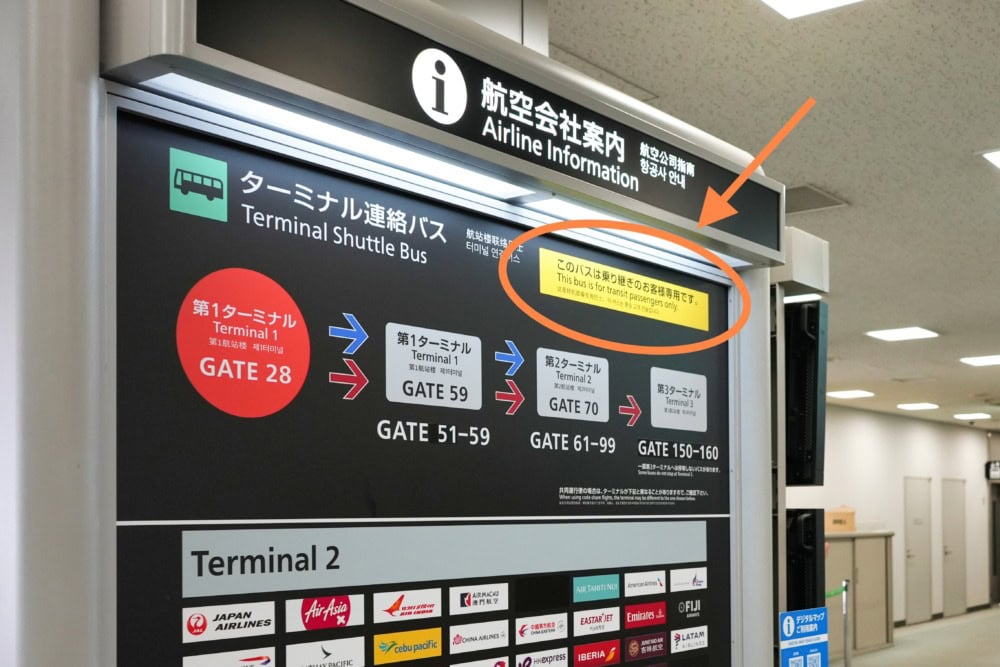 成田国際空港出国後のターミナル移動は乗継者のみ