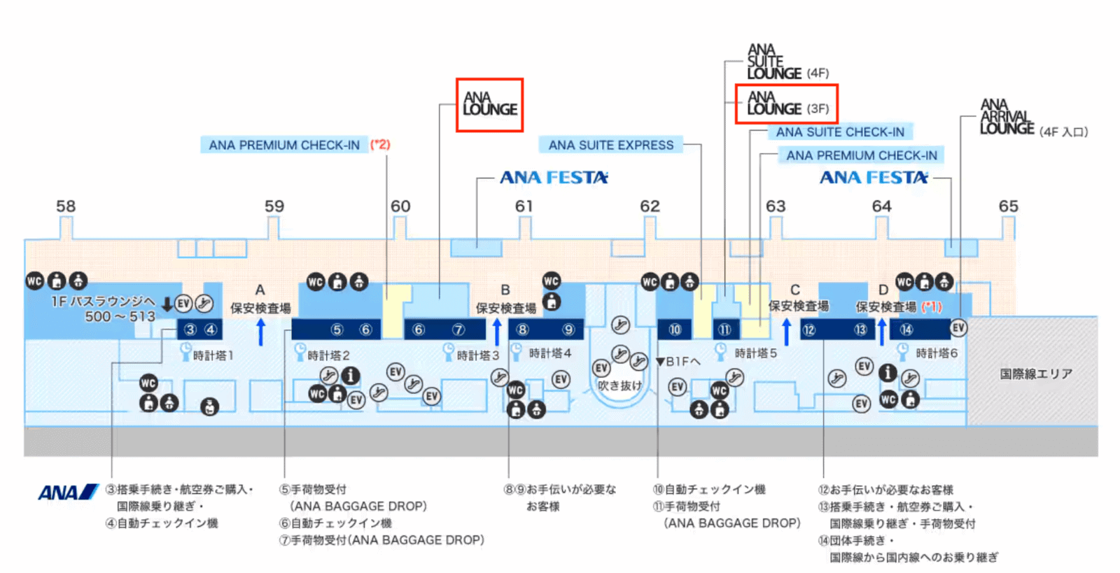 羽田空港第2ターミナル国内線エリアフロアマップ・ANAラウンジの位置関係