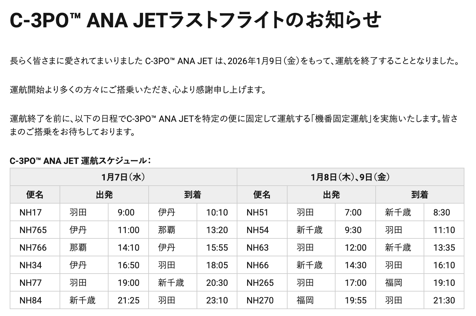 C-3PO™ ANA JETラストフライトのお知らせ 