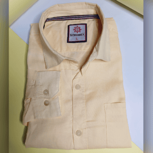 Cream Solid color Cotton Long Sleeve Casual Shirt for Men