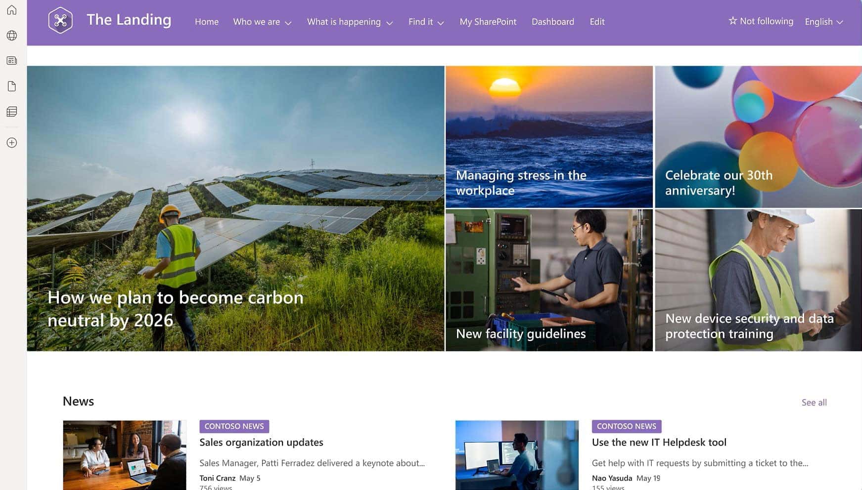 Example of a Viva Connections dashboard