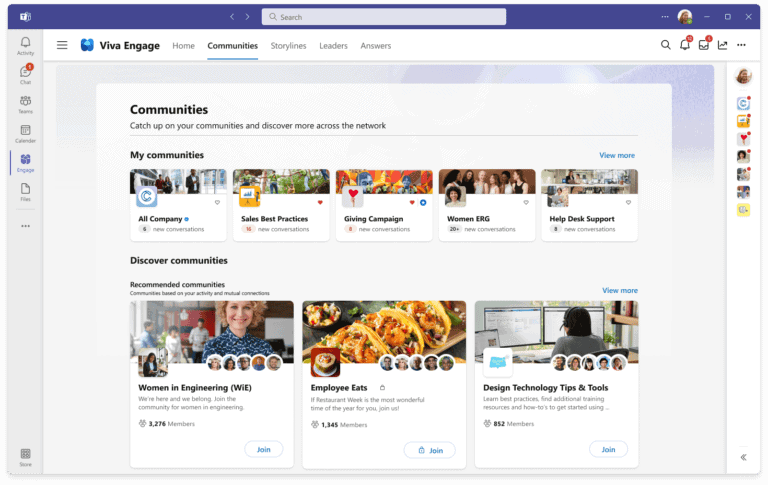 A Viva Engage dashboard showing the Communities tab. There are 5 communities under 'My Communities', and 3 communities under 'Recommended Communities'