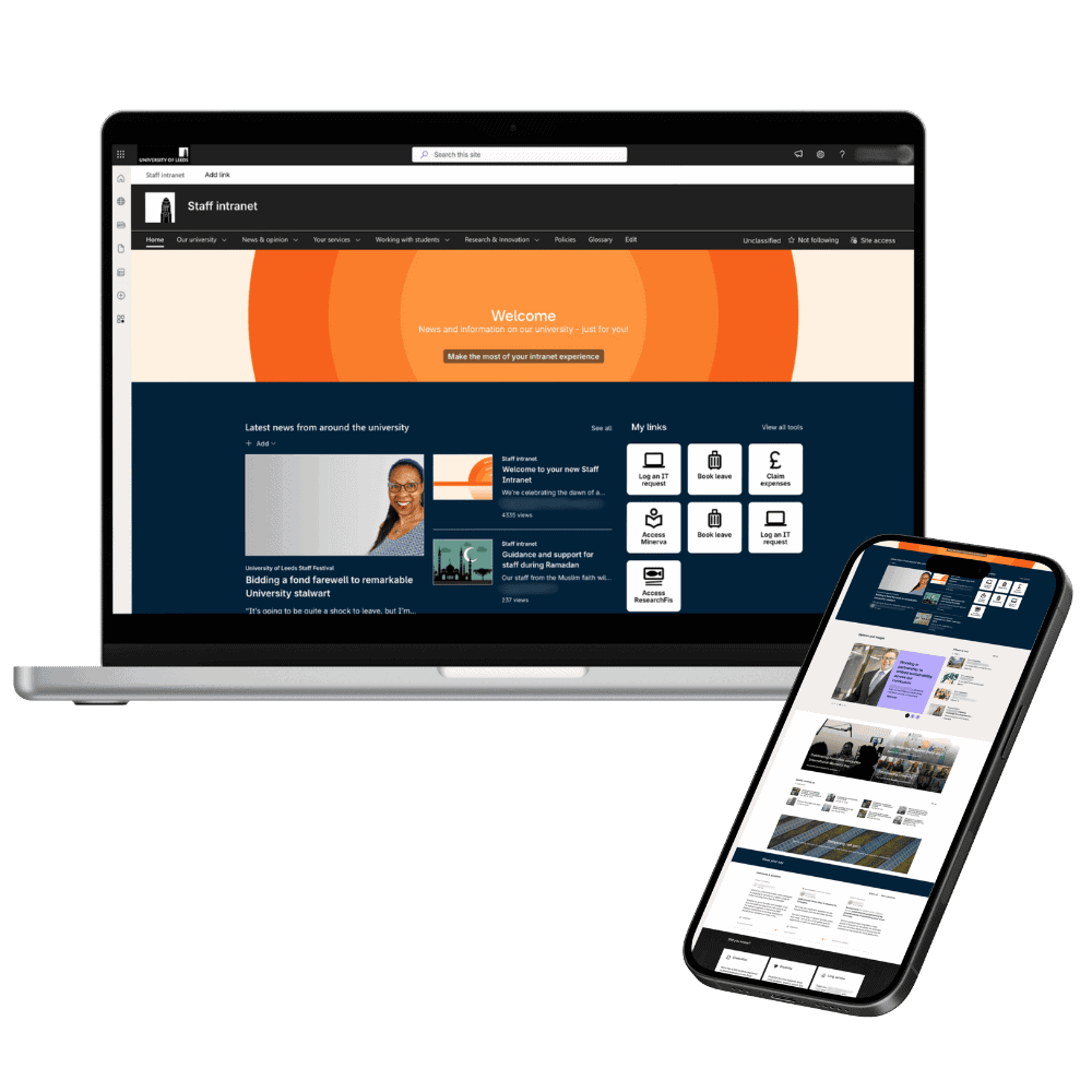 Example of University of Leeds intranet in desktop and mobile view